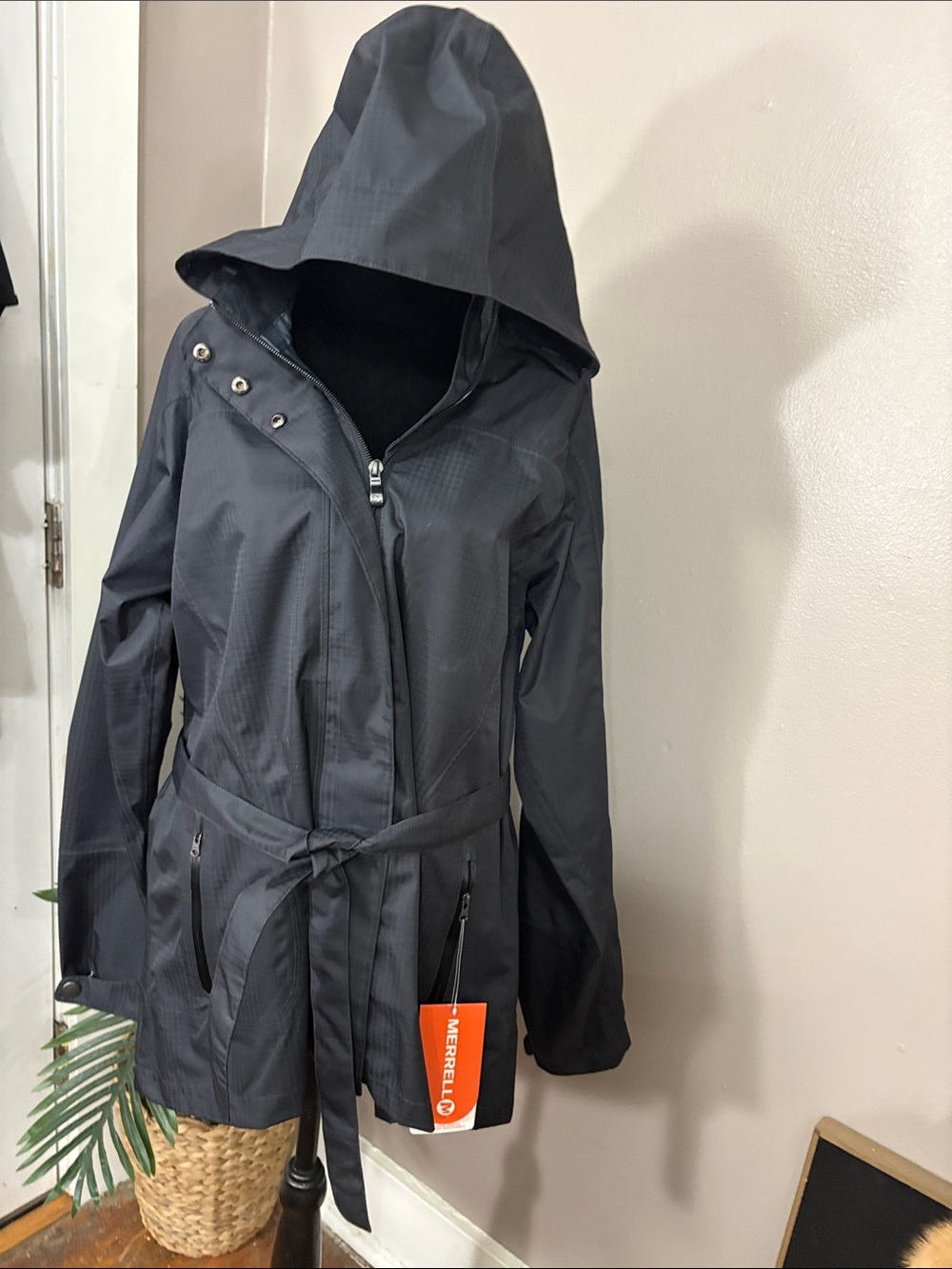 NWT Merrel Black Frances Hooded Trench Coat with Belt Women’s size Large - Picture 7 of 14